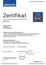 Zertifikat – Anerkennung als Fachbetrieb nach §62 AwSV